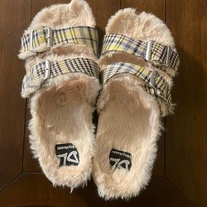 Furry slip on sandals
